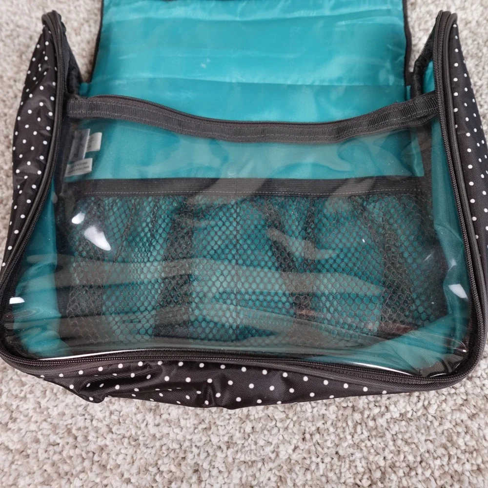 Thirty-One Hanging Toiletry Bag Black Polka Dot Pink Embroidery Travel Organizer